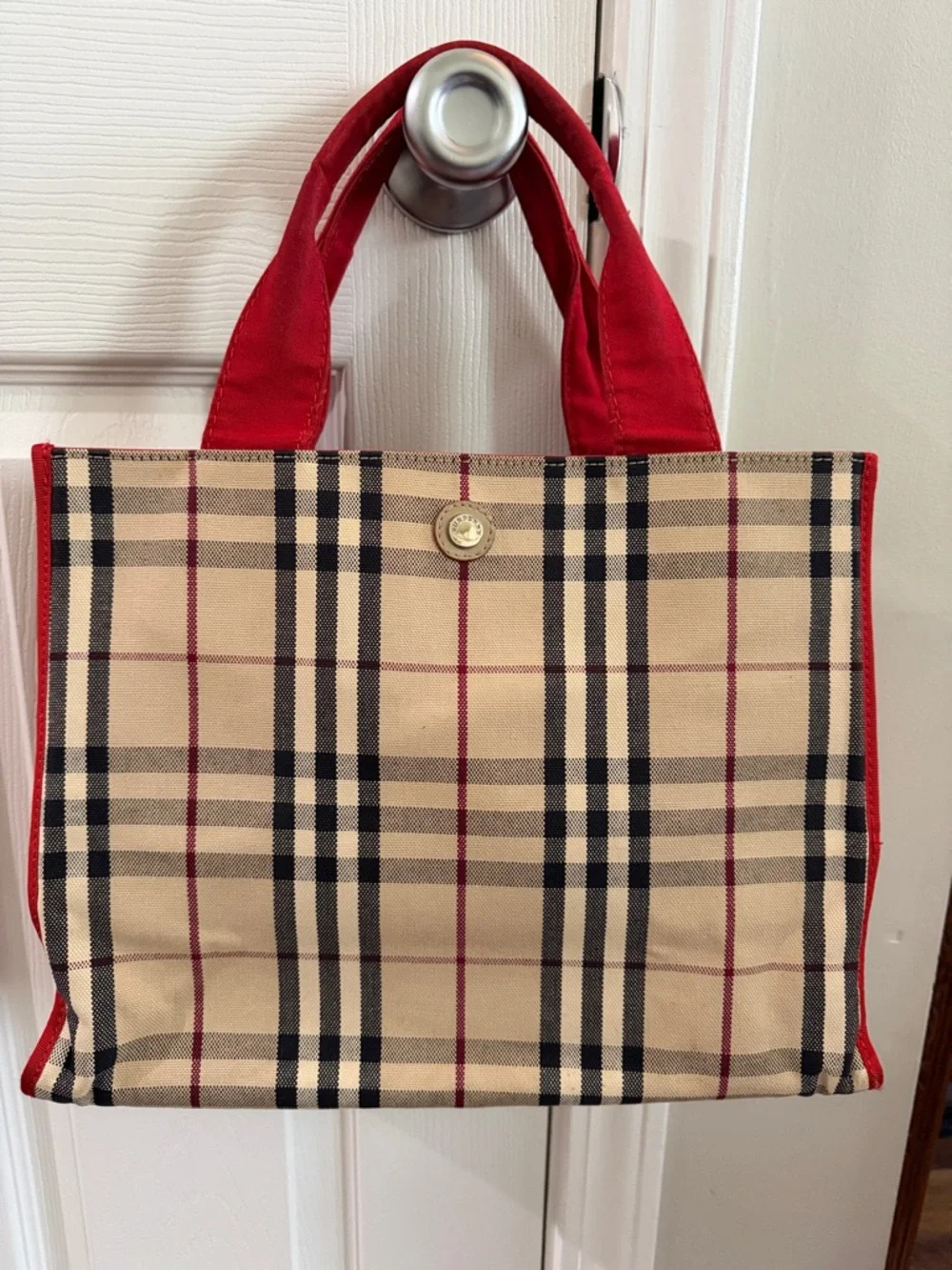 Burberry Beige Plaid Tote with Red Handles - Picture 1 of 7